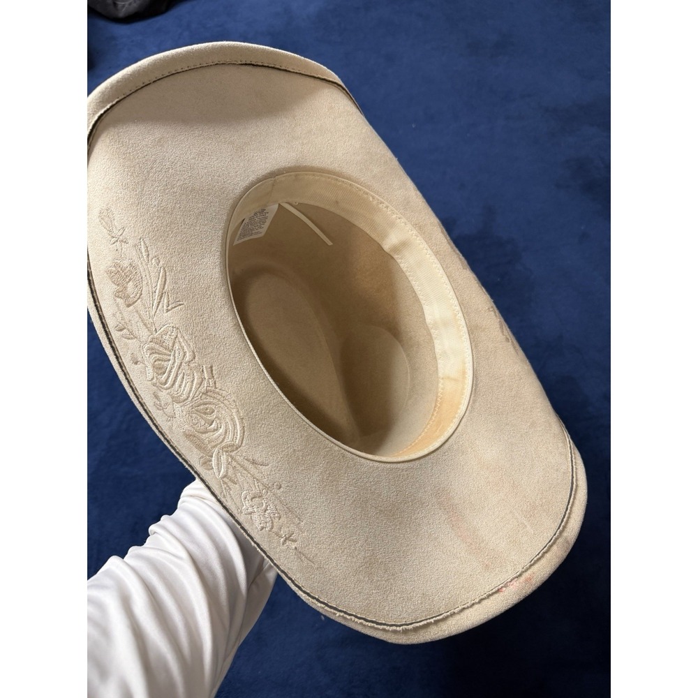 Faux Suede Cowboy Hat Beige Floral Embroidery Western Tassel Boho Large - Picture 5 of 5